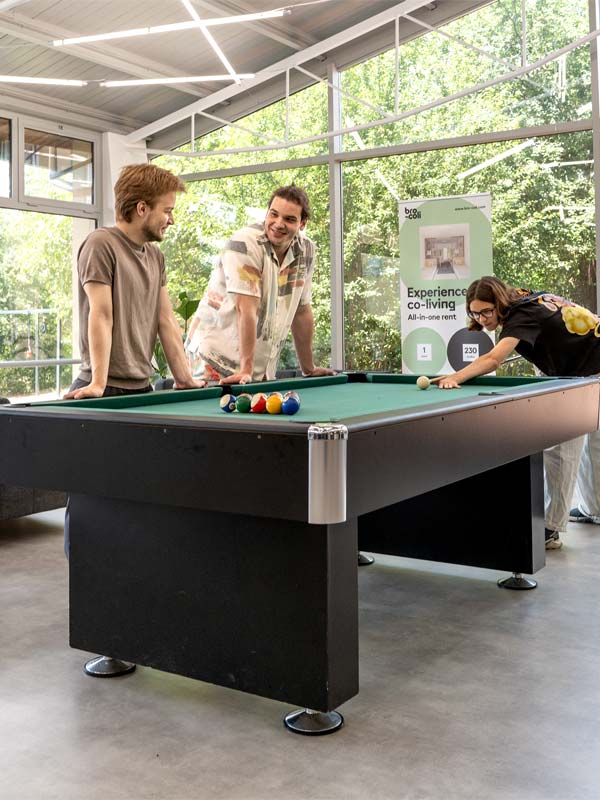 Group of friends playing pool in bro-coli